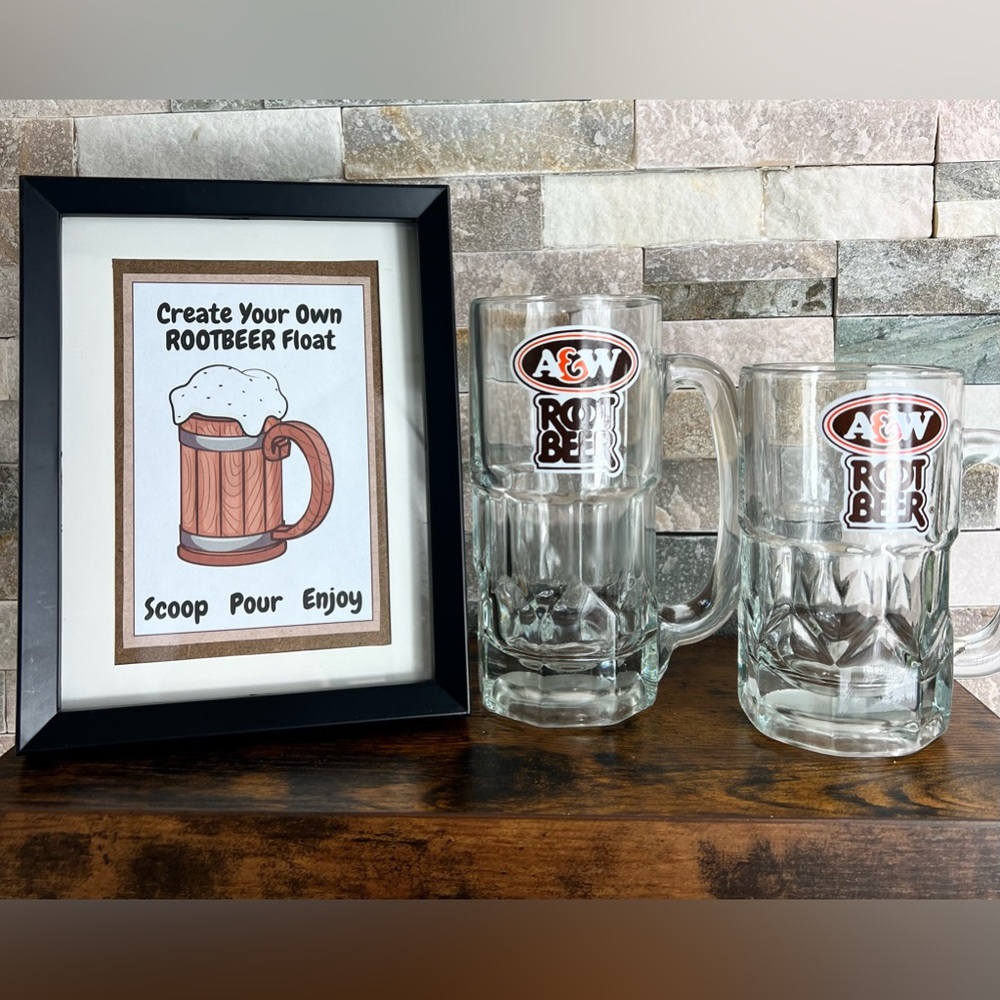 A&W root beer mugs and root beer float sign .